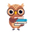 Wise Brown Owl, Cute Bird Teacher Cartoon Character with Stack of Books Vector Illustration