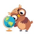Wise Brown Owl, Cute Bird Teacher Cartoon Character Teaching Geography at School Vector Illustration