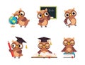 Wise Brown Owl in Glasses and Graduation Hat Vector Set