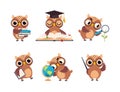 Wise Brown Owl in Glasses and Graduation Hat Vector Set