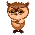 Wise brown owl isolated on white background. Cartoon vector close-up illustration.