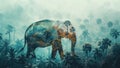 Wise Elephant Silhouette in Lush Tropical Rainforest Double Exposure