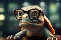 Wise green turtle in glasses, blurred background, humorous intelligence personified Royalty Free Stock Photo
