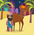 Wise king and camel desert manger nativity, merry christmas Royalty Free Stock Photo