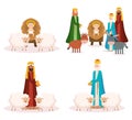 Wise kings and baby jesus manger characters Royalty Free Stock Photo