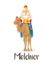 Wise man Melchior on camel celebrate Epiphany - vector illustration isolated on transparent background Royalty Free Stock Photo