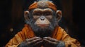 Wise Monkey in Traditional Orange Robe with Headband Royalty Free Stock Photo