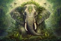 A wise old elephant, adorned with a garland of ganja leaves, peacefully roams through a lush forest, radiating a sense of profound