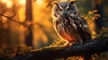 A wise old owl perched on a branch, looking contemplative.