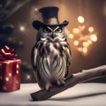 A wise old owl perched on a branch, wearing a sparkling New Years Eve hat and holding a glass of sparkling cider3