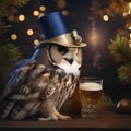 A wise old owl perched on a branch, wearing a sparkling New Years Eve hat and holding a glass of sparkling cider4