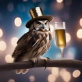 A wise old owl perched on a branch, wearing a sparkling New Years Eve hat and holding a glass of sparkling cider2