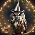 A wise old owl perched on a branch, wearing a sparkling New Years Eve hat and holding a glass of sparkling cider5