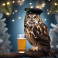 A wise old owl perched on a branch, wearing a sparkling New Years Eve hat and holding a glass of sparkling cider1