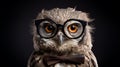 A wise old owl portrait in a black studio. AI Generated.