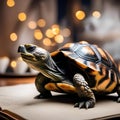 A wise old tortoise wearing glasses and a bowtie, hosting a New Years Eve storytelling session for other animals1