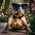 A wise old tortoise wearing glasses and a bowtie, hosting a New Years Eve storytelling session for other animals3