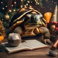 A wise old tortoise wearing reading glasses and sharing New Years resolutions with a group of woodland creatures1