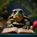 A wise old tortoise wearing reading glasses and sharing New Years resolutions with a group of woodland creatures4