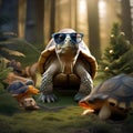 A wise old tortoise wearing reading glasses and sharing New Years resolutions with a group of woodland creatures2