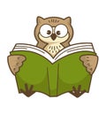 Wise owl with big round eyes reads book