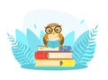 Wise Owl Bird Character in Glasses Sitting on Pile of Books, Back to School Concept Cartoon Style Vector Illustration