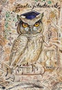 Wise Owl Bird symbolising science with Latin inscribtion