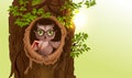 Wise owl with book in hollow of tree. Knowledge Day Royalty Free Stock Photo