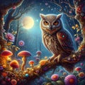 A wise owl on a branch in a magical woodland, with moonlit, colorful flowers, mushrooms, night scene, digital art, dreamy, animal