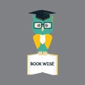 Wise owl in glasses, graduate hat holds an open book in his paws. Vector owl character in master cap flat illustration