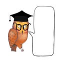Wise owl in graduate cap and speach buble