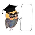 Wise owl in graduate cap and speach buble