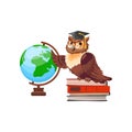 Wise owl in graduation cap pointing globe. Cute owl cartoon character