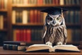 wise owl with graduation cap sitting on book on library shelves background. learning, wisdom and education concept