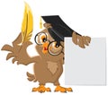 Wise owl holding a golden pen and a sheet of paper