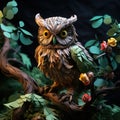 A wise owl, meticulously folded with earth-toned origami paper, perched on a mossy tree branch by AI generated