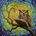 A wise owl reading an old book, perched on a branch of rree, in a magical world, Van Gogh style painting, animal art Royalty Free Stock Photo