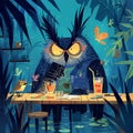 Wise Owl Reads a Book in Nocturnal Paradise