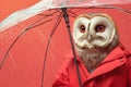 Wise owl in red rain jacket with see-through umbrella on red.
