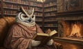 Wise Owl in a Cozy Library Reading by the Fire Royalty Free Stock Photo