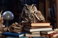 Wise owl sits on a book stack at a library.AI generated