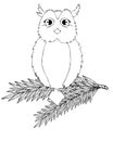 A wise owl sits on a branch. Contour work. Use as coloring, antistres