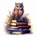 wise owl sits on a stack of books. concept Education at school,