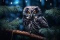Wise Owl sitting on tree\'s branch at night photo generative AI