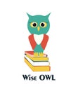 Wise owl on a stack of books. Vector owl characters, learning concept. Back to school flat illustration