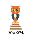 Wise owl on a stack of books. Vector owl characters, learning concept. Back to school flat illustration