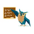 Wise owl standing at blackboard