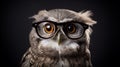 Wise owl standing on a book in a portrait studio with, dark background.