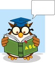 Wise Owl Teacher Cartoon Mascot Character Reading A ABC Book And Speech Bubble