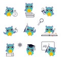 Wise Owl Wearing Glasses in Various Actions Set, Cute Bird Teacher Cartoon Character Teaching at Lesson Vector